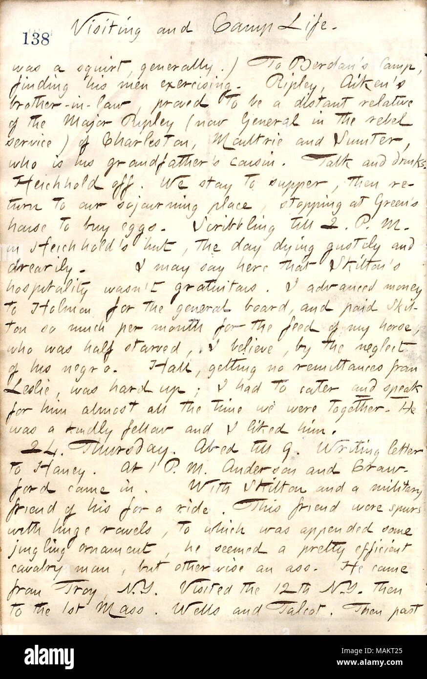 Concernant les visites de divers camps militaires. Titre : Thomas Butler Gunn Diaries : Volume 19, page 153, le 23 avril 1862 . 23 avril 1862. Gunn, Thomas Butler, 1826-1903 Banque D'Images