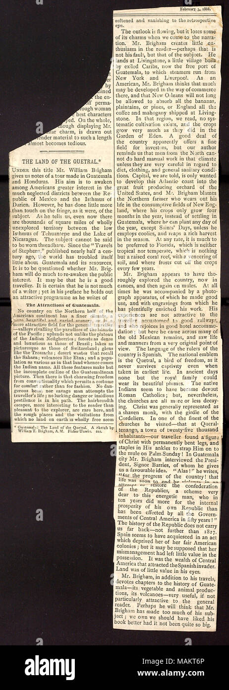 Coupure de journal d'un examen de Brigham livre sur le Guatemala. Titre : Thomas Butler Gunn Diaries : Volume 19, page 266, 3 février 1888 [coupure de presse] . 3 février 1888. Gunn, Thomas Butler, 1826-1903 Banque D'Images