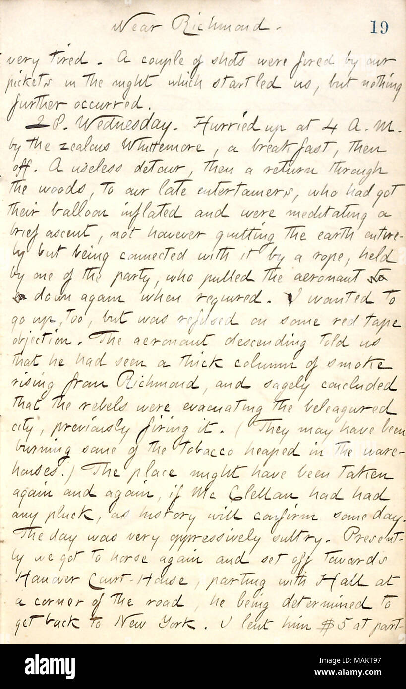 Au sujet d'un vol d'un ballon d'essai, la fumée s'élevant de Richmond, et le départ de Hall. Titre : Thomas Butler Gunn Diaries : Volume 20, page 27, Mai 27, 1862 . 27 mai 1862. Gunn, Thomas Butler, 1826-1903 Banque D'Images