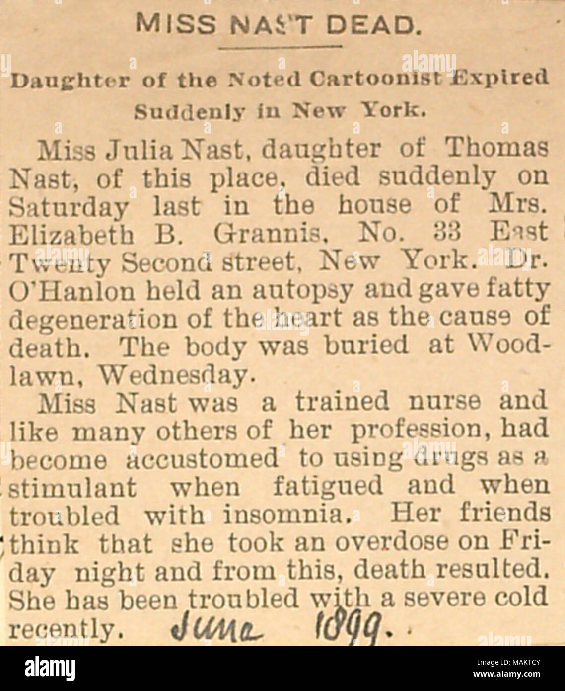 Coupure de journal d'un avis annonçant la mort de Julia Nast. Titre : Thomas Butler Gunn Diaries : Volume 20, page 116, juin 1899 [coupure de presse] . Juin 1899. Gunn, Thomas Butler, 1826-1903 Banque D'Images