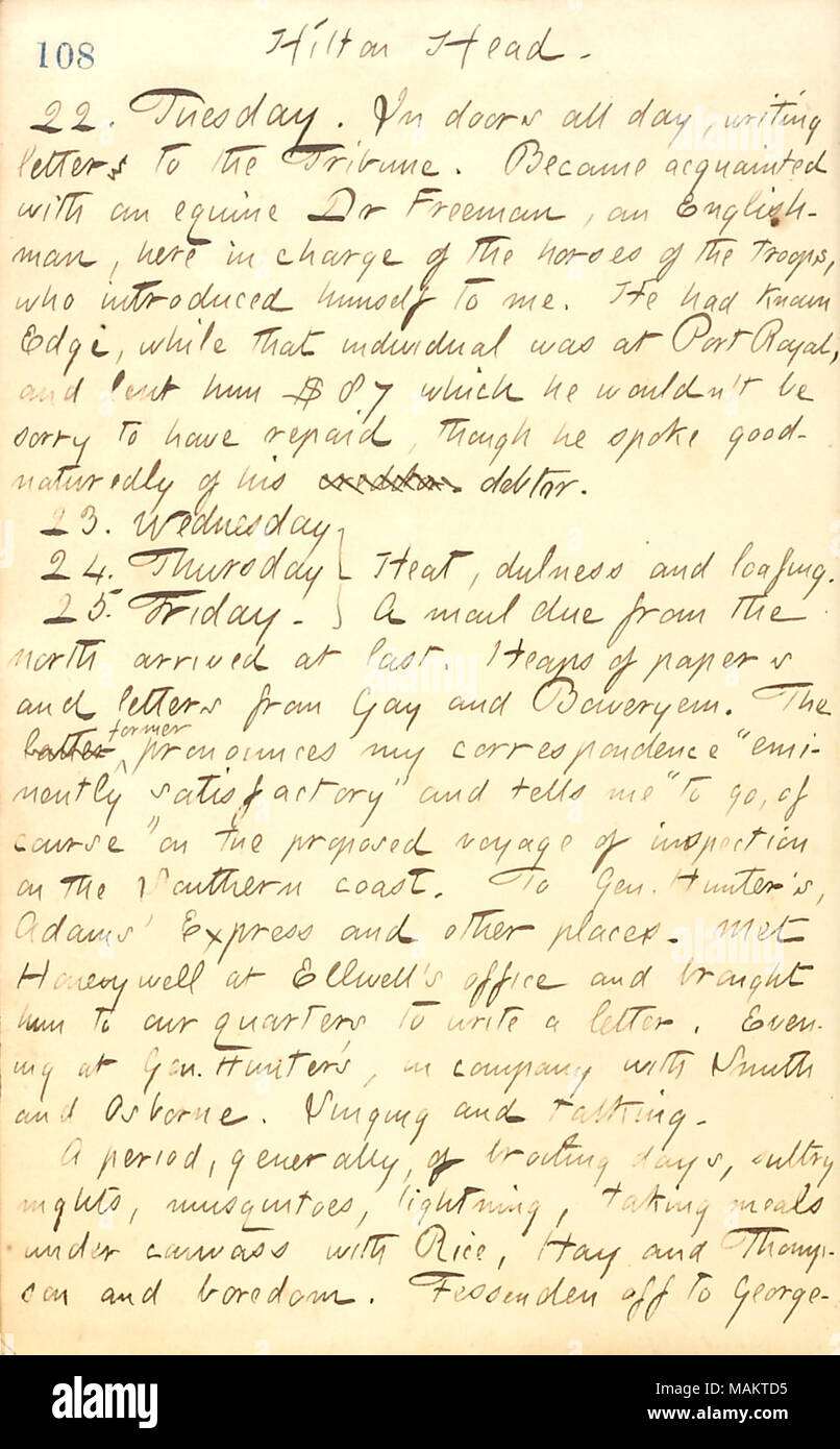 En ce qui concerne le temps d'inactivité à Hilton Head et une suggestion de Gay pour Gunn à rejoindre un projet de voyage d'inspection de la côte sud. Titre : Thomas Butler Gunn Diaries : Volume 20, page 120, le 22 juillet 1862 . 22 juillet 1862. Gunn, Thomas Butler, 1826-1903 Banque D'Images