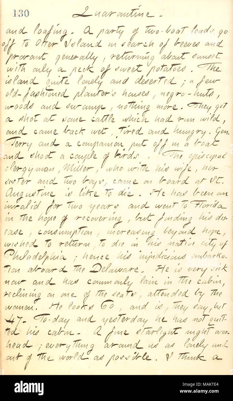 En ce qui concerne une visite à Otter Island par le général Terry ainsi que l'embarquement d'un ministre épiscopalien avec la consommation. Titre : Thomas Butler Gunn Diaries : Volume 20, page 143, le 29 août 1862 . 29 août 1862. Gunn, Thomas Butler, 1826-1903 Banque D'Images