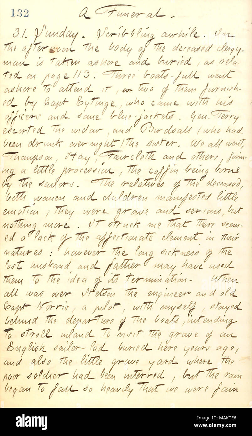 En ce qui concerne les obsèques du pasteur épiscopalien. Titre : Thomas Butler Gunn Diaries : Volume 20, page 145, le 31 août 1862 . 31 août 1862. Gunn, Thomas Butler, 1826-1903 Banque D'Images