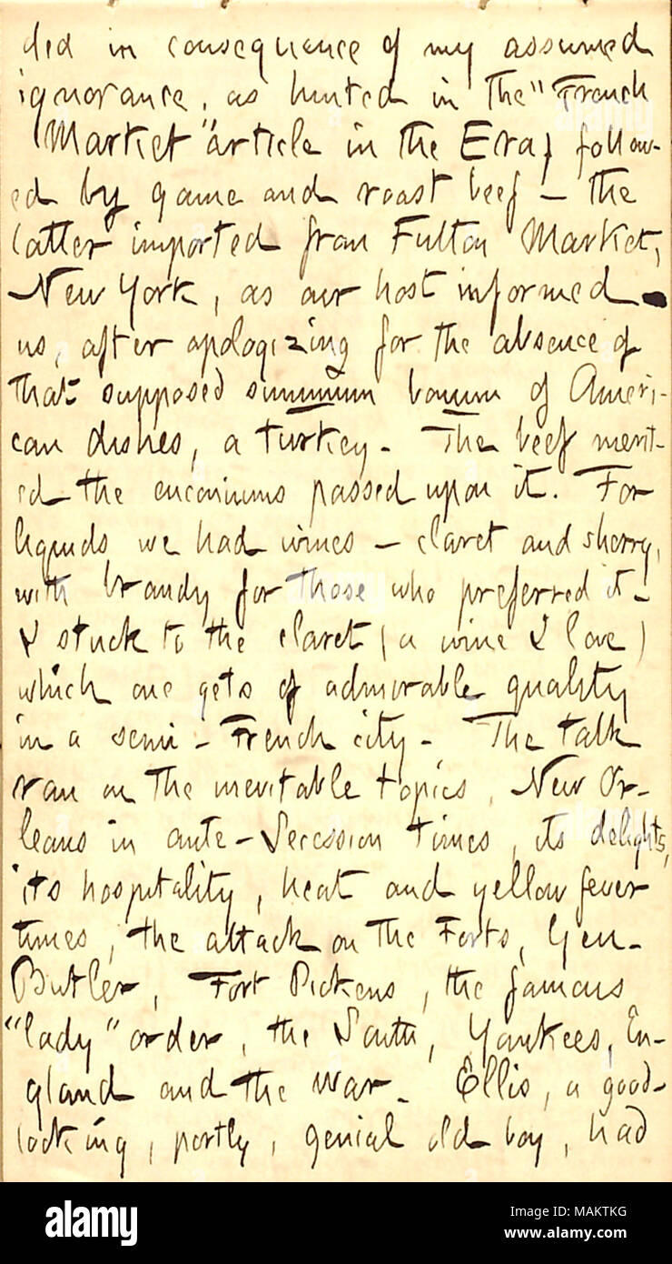 Décrit la participation à une partie à un baccalauréat en-maison dans la Nouvelle Orléans. Titre : Thomas Butler Gunn Diaries : Volume 22, page 83, le 3 mars 1863 . 3 mars 1863. Gunn, Thomas Butler, 1826-1903 Banque D'Images