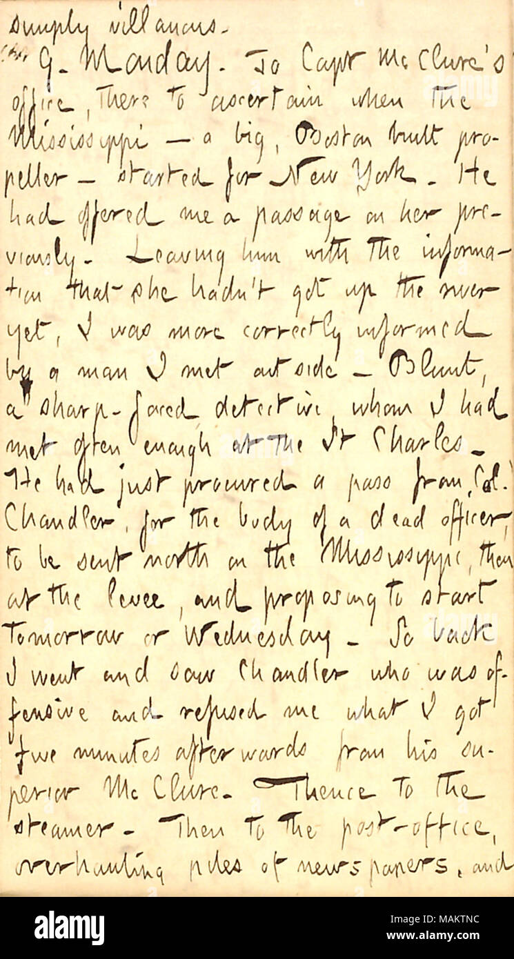 Décrit les préparatifs de son voyage de retour à New York sur l'hélice du Mississippi. Titre : Thomas Butler Gunn Diaries : Volume 22, page 122, 8 mars 1863 . 8 mars 1863. Gunn, Thomas Butler, 1826-1903 Banque D'Images