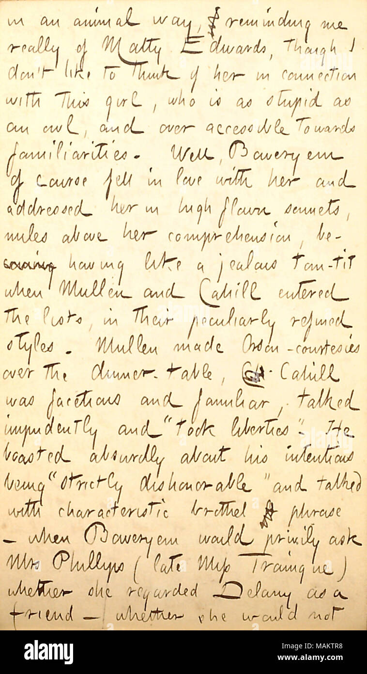 Concernant les intentions de plusieurs hommes dans la pension vers Mme Delany. Titre : Thomas Butler Gunn Diaries : Volume 22, page 168, le 28 mars 1863 . 28 mars 1863. Gunn, Thomas Butler, 1826-1903 Banque D'Images