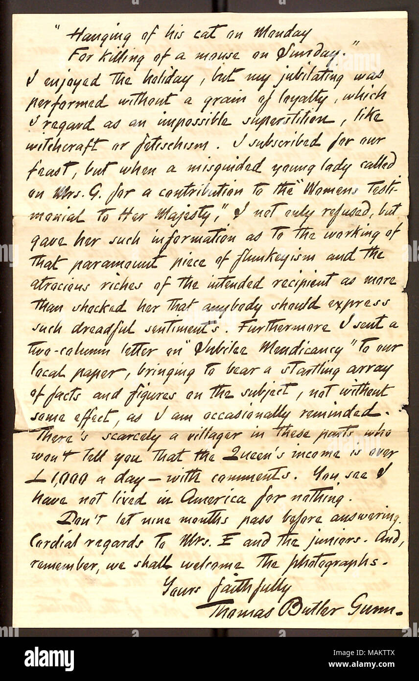 Lettre de Thomas Butler Gunn, Wardington, Banbury, en Angleterre, à Jack Edwards, Brook Farm, près de Baden, Saint Louis Co., Mo., concernant la célébration du jubilé de la Reine à Banbury. Titre : Thomas Butler Gunn Diaries : Volume 22, page 211, 7 novembre 1887 [lettre] . 7 novembre 1887. Gunn, Thomas Butler, 1826-1903 Banque D'Images