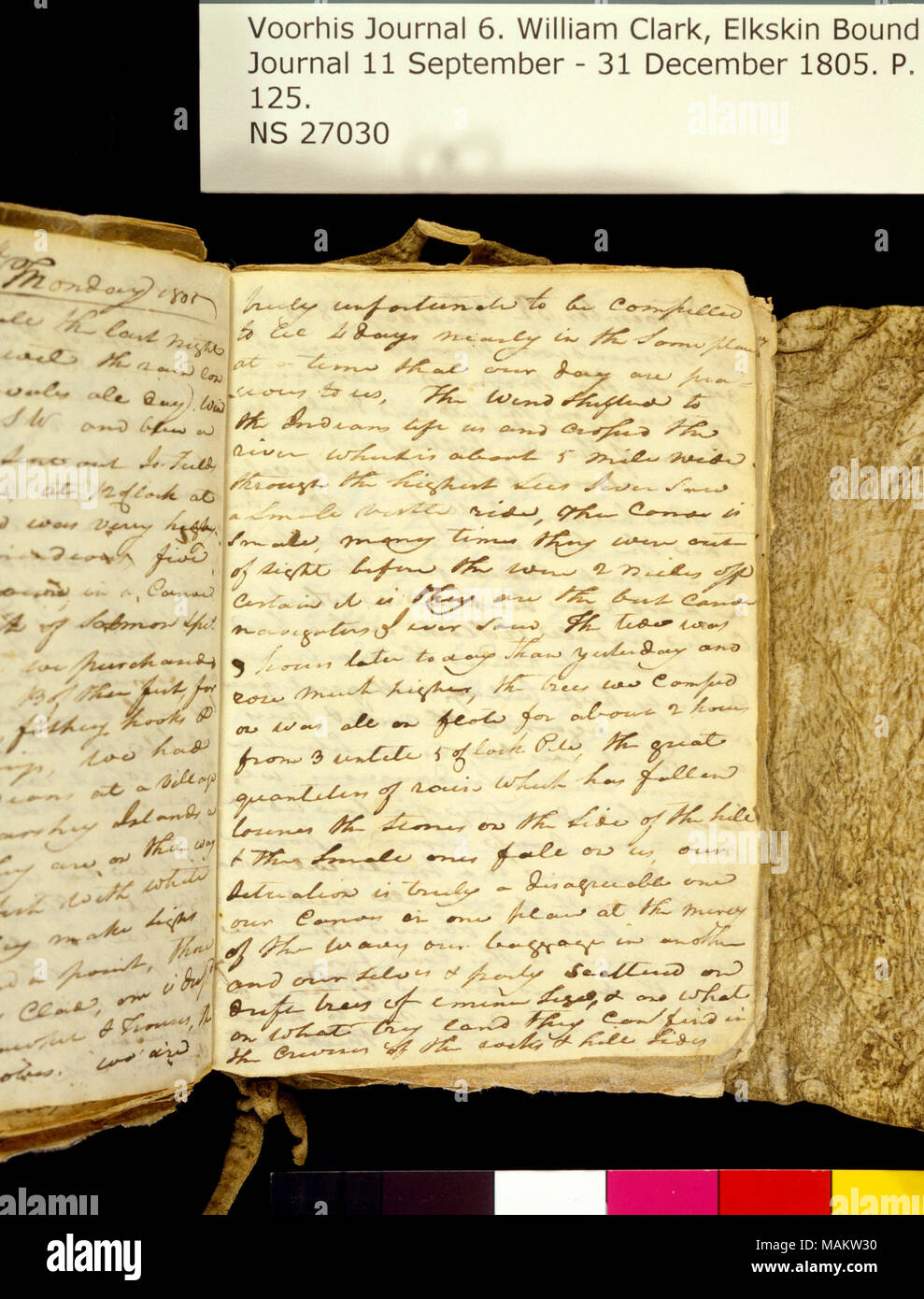 'Vraiment regrettable d'être obligé de se coucher près de 4 jours au même endroit. . .' Title : Clark Family Collection : Volume 6. Elkskin Journal, page 125, novembre 11, 1805 . 11 novembre 1805. Clark, William, 1770-1838 Banque D'Images