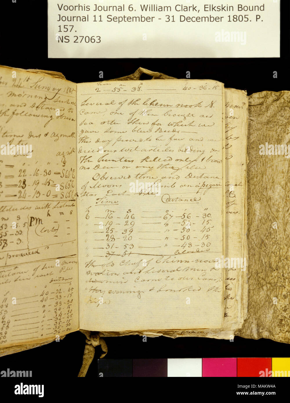 '2 55 38 40 36 15 Plusieurs des Chenn nook N. est venu. . .' Title : Clark Family Collection : Volume 6. Elkskin Journal, page 157, le 24 novembre 1805 . 24 novembre 1805. Clark, William, 1770-1838 Banque D'Images