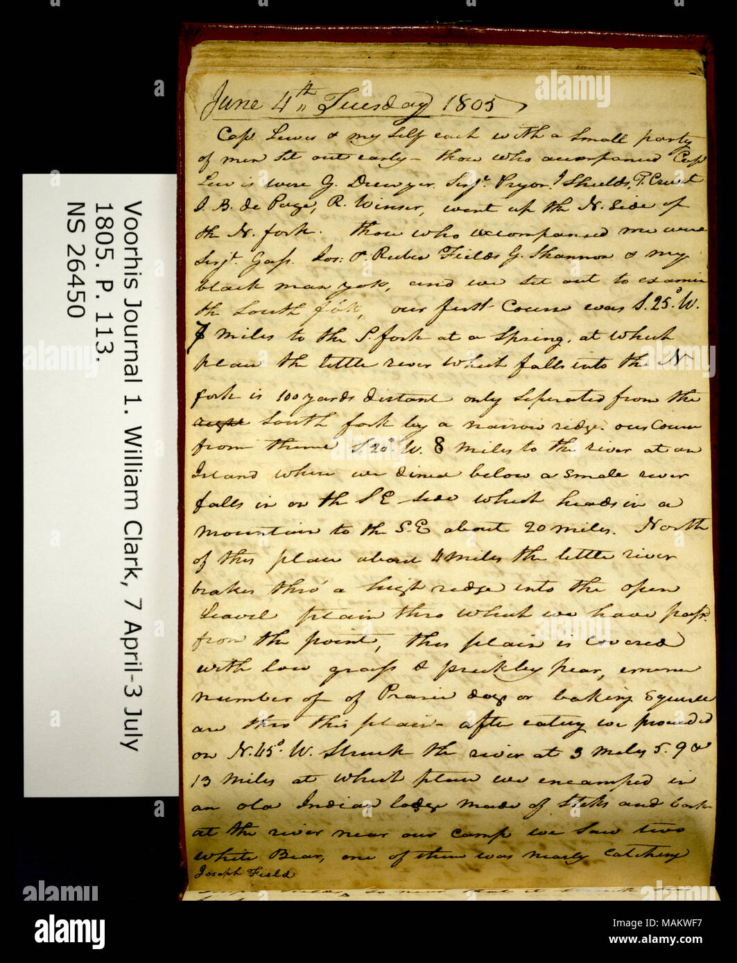 'Capt. Lewis et moi-même avec une petite partie des hommes sont partis tôt. . .' Title : Clark Family Collection : Volume 1. Journal officiel No 1, Voorhis page 113, 4 juin 1805 . 4 juin 1805. Clark, William, 1770-1838 Banque D'Images