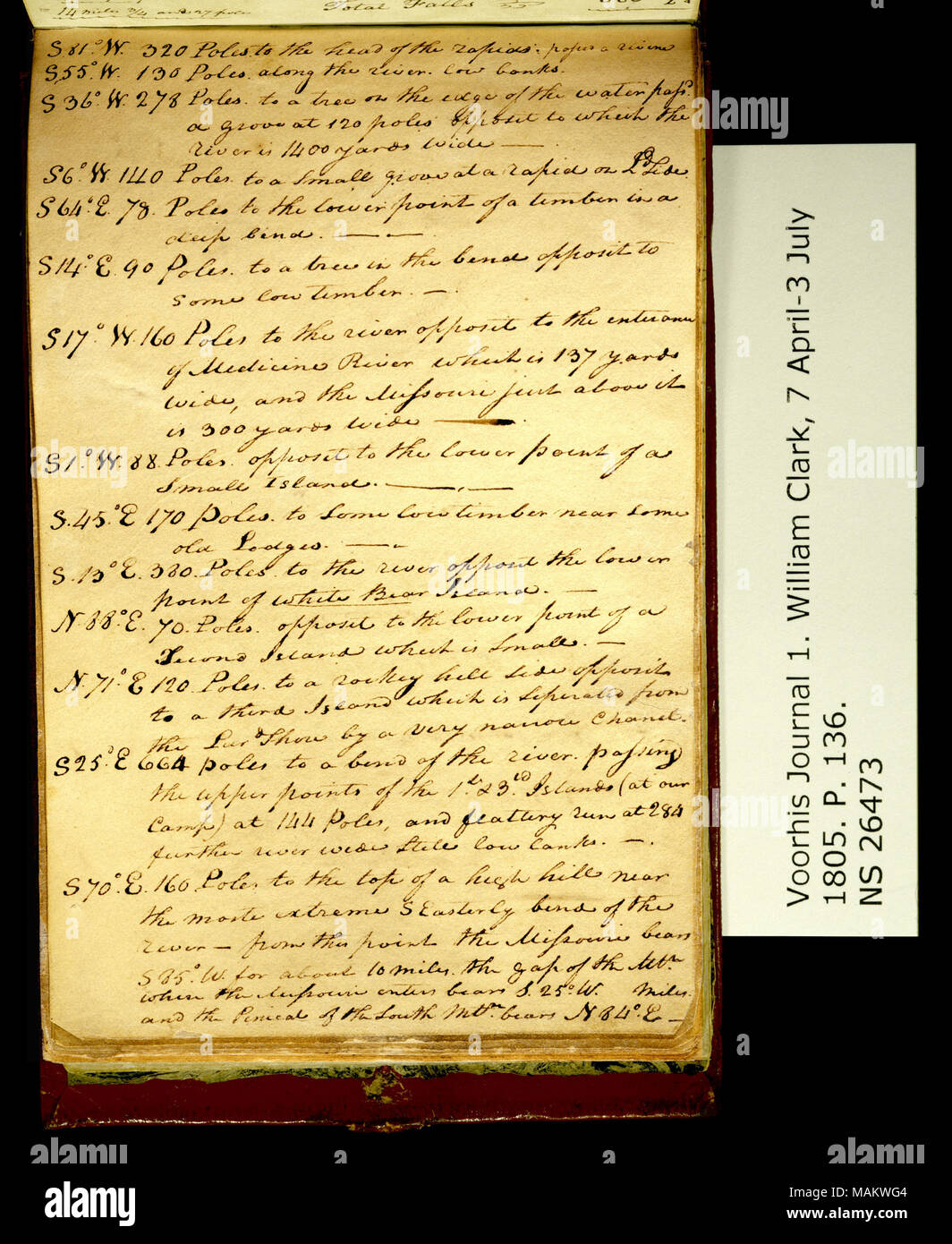 'S. 81 W. 320 poteaux pour la tête des rapides. . .' [Copie] Titre : Clark Family Collection : Volume 1. Journal officiel No 1, Voorhis page 136, 2 juillet 1805 . 2 juillet 1805. Clark, William, 1770-1838 Banque D'Images