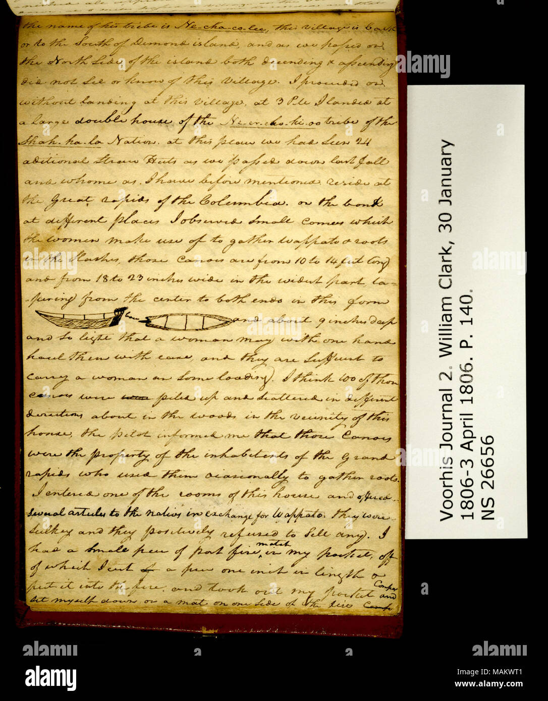 'Le nom de sa tribu est sw-cha-co-lee. . .' Comprend le dessin de "deux vues d'un canot.' Title : Clark Family Collection : Volume 2. Voorhis Journal No 2, page 140, le 2 avril 1806 . 2 avril 1806. Clark, William, 1770-1838 Banque D'Images