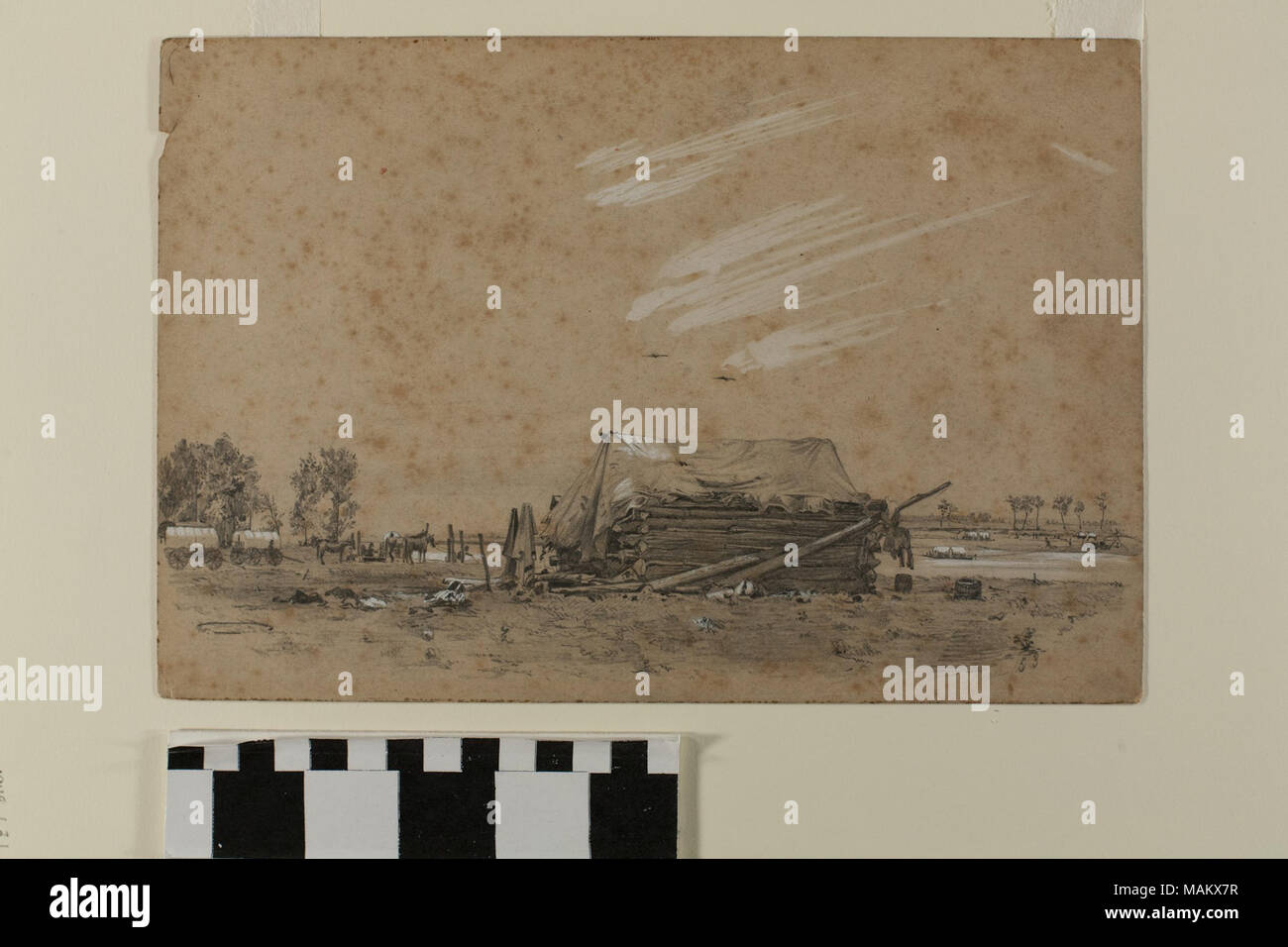 Dessin du loup (Ferry fourche alternativement le principal Burrow & Company Ferry) dans l'actuel Nebraska par English Mormon artiste Frederick Piercy, un de plusieurs œuvres originales reproduites en gravure pour illustrer son 'Route de Liverpool à Great Salt Lake Valley', publié en 1855. Titre : Dessin au graphite, 'Loup Ferry fourche / Grands Terrier & Co.' Ferry par Frederick Piercy . 1853. Piercy, Frederick Hawkins, 1830-1891 Banque D'Images