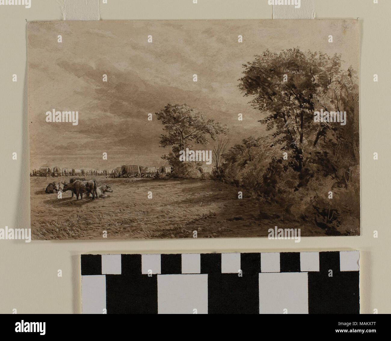 Aquarelle montrant le Camp à Wood River dans l'actuel Nebraska par English Mormon artiste Frederick Piercy, un de plusieurs œuvres originales reproduites en gravure pour illustrer son 'Route de Liverpool à Great Salt Lake Valley', publié en 1855. Titre : de l'Aquarelle, 'Camp à Wood River' par Frederick Piercy . 1853. Piercy, Frederick Hawkins, 1830-1891 Banque D'Images