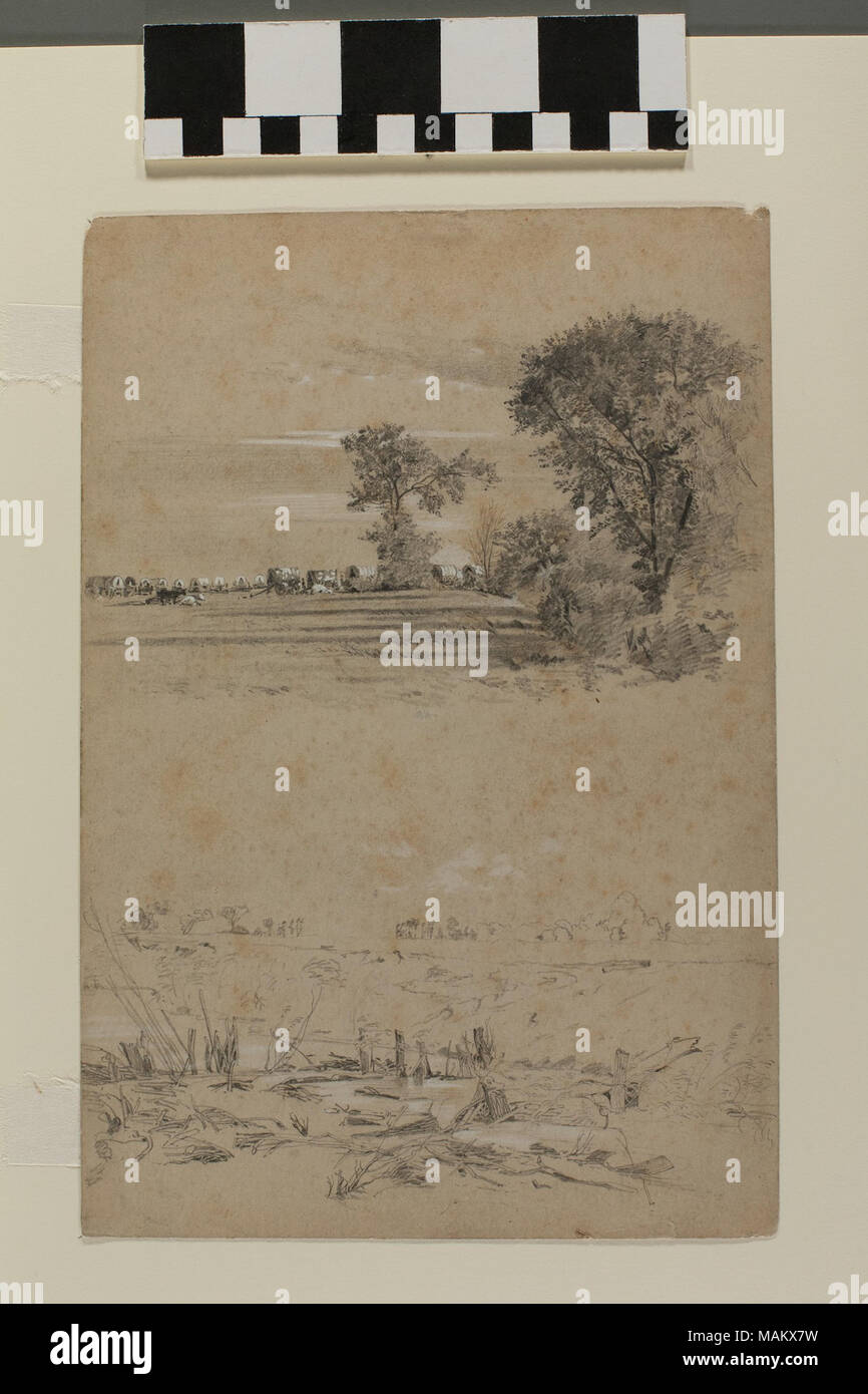 Deux dessins de graphite par English Mormon artiste Frederick Piercy, documenter son voyage jusqu'à l'Utah en 1853. Un dessin dessin montre le 'Camp à Wood River' dans l'actuel Nebraska. Il s'agit d'une variante ou d'une étude de l'aquarelle du même nom aussi dans la collection. Il a été reproduit comme une empreinte dans la 'Route Piercy de Liverpool à Great Salt Lake Valley', publié en 1855. Titre : Deux dessins au graphite, l'un montrant Autre vue de 'Camp à Wood River' par Frederick Piercy . 1853. Frederick Piercy Banque D'Images