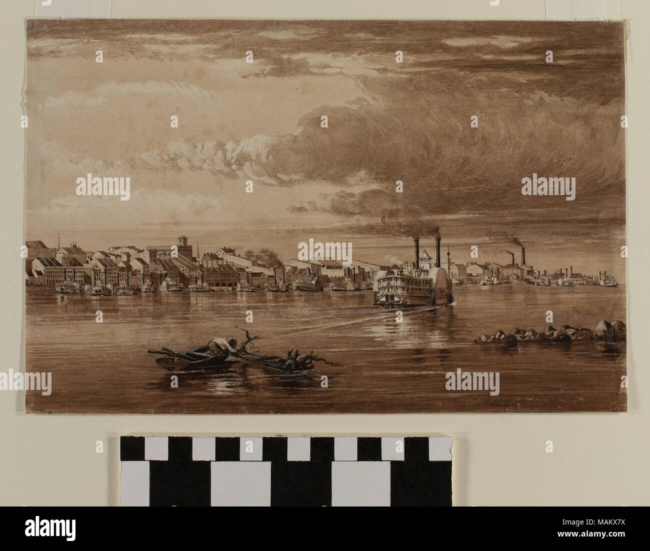 Aquarelle montrant la rivière Saint-Louis/de l'ensemble ou sur la rivière, par l'anglais Mormon artiste Frederick Piercy, un de plusieurs œuvres originales reproduites en gravure pour illustrer son 'Route de Liverpool à Great Salt Lake Valley', publié en 1855. Titre : de l'Aquarelle, 'St. Louis, Mo.' par Frederick Piercy . 1853. Piercy, Frederick Hawkins, 1830-1891 Banque D'Images