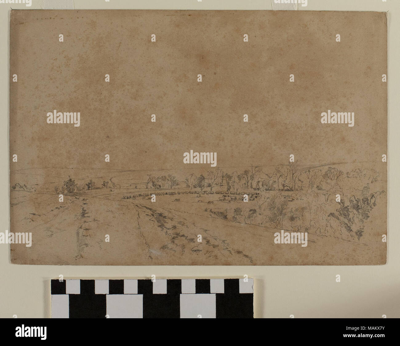 Dessin au graphite de wagon train à Pappea Creek dans l'actuel Nebraska par English Mormon artiste Frederick Piercy, un de plusieurs œuvres originales reproduites en gravure pour illustrer son 'Route de Liverpool à Great Salt Lake Valley', publié en 1855. Titre : Dessin au graphite, 'Pappea Creek, Nebraska' par Charles Piercy . 1853. Piercy, Frederick Hawkins, 1830-1891 Banque D'Images
