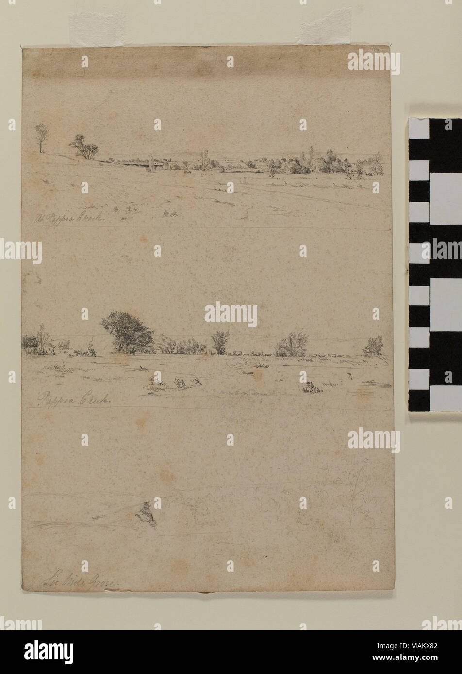 Trois dessins au graphite par English Mormon artiste Frederick Piercy, documenter son voyage jusqu'à l'Utah en 1853. Deux dessins montrent différentes vues d'Pappea Creek dans l'actuel Nebraska. Le troisième dessin est de Six Mile Corner, que l'on croit être de l'Iowa. Plusieurs de ses œuvres ont été reproduites Piercy comme imprime dans son "itinéraire de Liverpool à Great Salt Lake Valley', publié en 1855. Titre : Dessins en graphite, 'à Pappea Pappea Creek", "Creek", et "Six Mile Corner' par Frederick Piercy . 1853. Piercy, Frederick Hawkins, 1830-1891 Banque D'Images