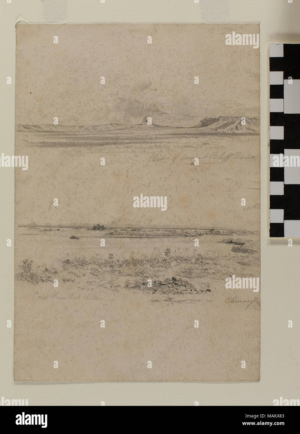 Deux dessins de graphite par English Mormon artiste Frederick Piercy, documenter son voyage jusqu'à l'Utah en 1853. Les dessins montrent les caractéristiques géographiques dans l'actuel Nebraska--l'ancienne Bluff ruines, Court House, Rock et Chimney Rock--s'ils sont affichés dans la distance à l'horizon. Plusieurs de ses œuvres ont été reproduites Piercy comme imprime dans son "itinéraire de Liverpool à Great Salt Lake Valley', publié en 1855. Titre : Dessins en graphite, "West d'anciennes ruines Bluff" et "Court House Rock et Chimney Rock' . 1853. Piercy, Frederick Hawkins, 1830-1891 Banque D'Images