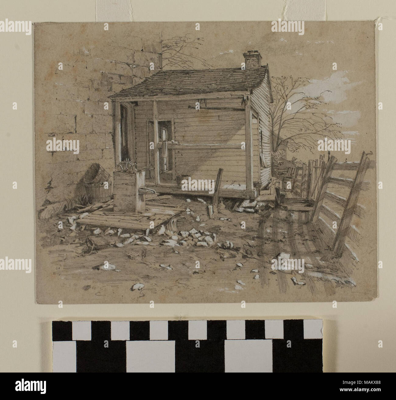 Dessin au graphite par English Mormon artiste Frederick Piercy, documenter son voyage jusqu'à l'Utah en 1853. Le dessin représente le "bien à Joseph Smith, qui a été placé et tiré sur après son assassinat' à Carthage, en Illinois. Plusieurs de ses œuvres, y compris Piercy celle-ci, ont été reproduites telles qu'imprime dans son "itinéraire de Liverpool à Great Salt Lake Valley', publié en 1855. Titre : Dessin au graphite, 'Eh bien, au cours de laquelle Joseph Smith a été placé et tiré sur après son assassinat' par Frederick Piercy . 1853. Piercy, Frederick Hawkins, 1830-1891 Banque D'Images