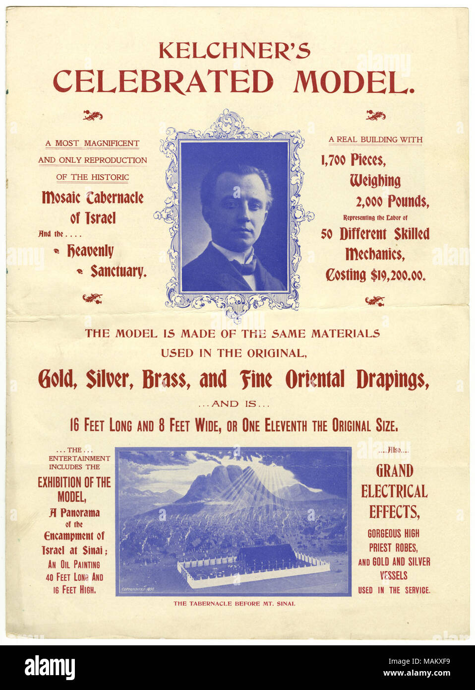 Circulaire de quatre pages à la publicité de l'exposition de la célèbre 'Kelchner modèle, un des plus magnifiques et seulement la reproduction de la mosaïque historique tente d'Israël et le sanctuaire céleste." L'exposition sera accompagnée par 'Andrew P. Hill's célèbre peinture, 'Mt. Sinaï, et les millions d'Israël dans le camp." L'un des plus grands et des plus belles peintures à l'huile déjà vu en Amérique. Grand panorama 40 pieds de long, 16 pieds de haut." L'exposition sera aussi : 'grand effets électriques. Le service de l'electrical expert, J. W., Johnson de Chicago, a été sécurisé afin d'exploiter l'application électrique Banque D'Images