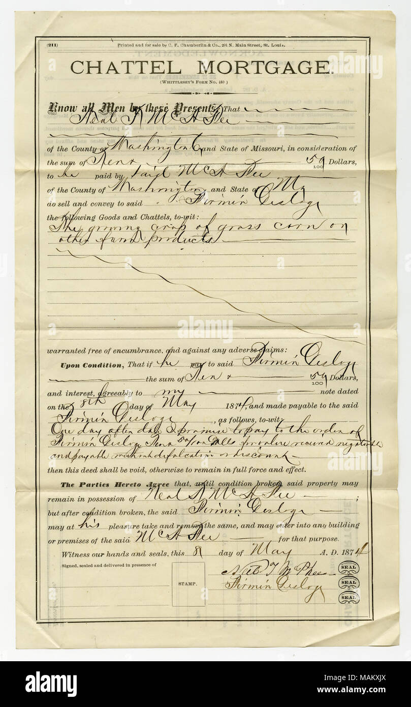 Prêt consenti par Firmin Desloge à Neal T. McAfee en le montant de 10,59 $. Offerts en garantie des biens personnels : culture d'herbe, de maïs ou d'autres produits agricoles. Titre : l'hypothèque mobilière signé Neal T. McAfee et Firmin Desloge, comté de Washington, 8 mai 1874 . 8 mai 1874. McAfee, Neal T. Banque D'Images