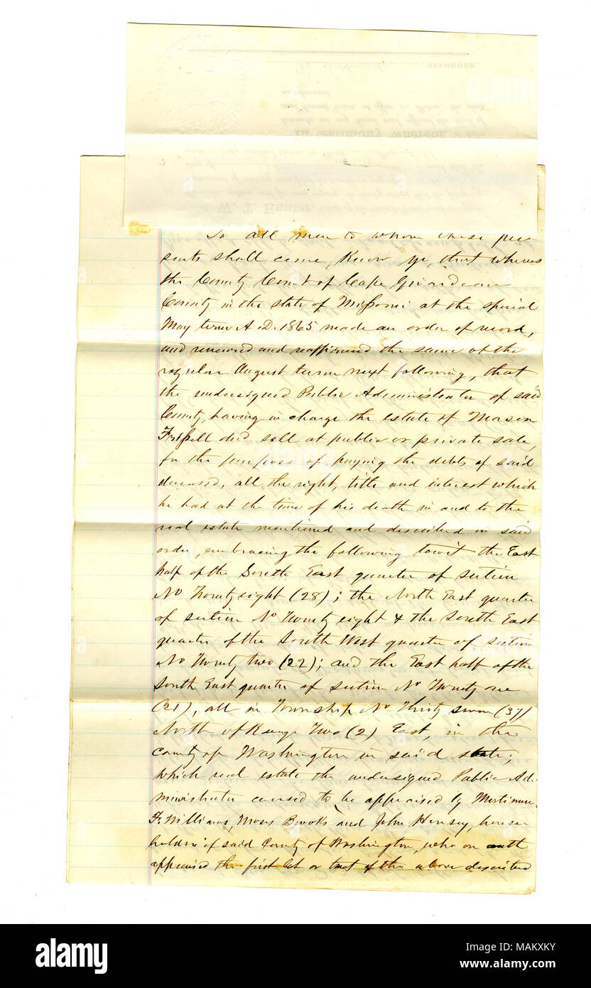 Vente de la succession d'homologation/Nathan Frisell à Neal. Caufebule Biens transférés : 3 lots dans le comté de Washington, pour la somme de $104, $600, et $204,95. Titre : Acte signé H.H.M. Williams, administrateur de la succession de Mason Frisell, Cape Girardeau comté, le 1 septembre 1866 . 1er septembre 1866. Williams, H.H.M Banque D'Images
