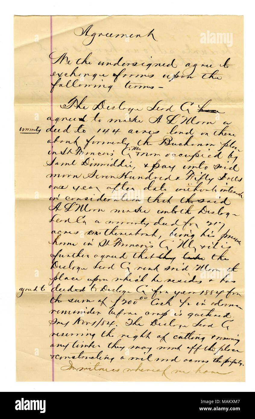 Desloge Société principale (F. Desloge) est de transférer via acte de garantie 144 acres de terre (anciennement le Buchanan) afin d'I.A. Lune avec le paiement de 750 $ en échange d'un acte de garantie le transfert de 217 acres d'I.A. Lune à Desloge conduire Co. I.A. Lune vit actuellement sur les 217 acres. Desloge Co se réserve le droit de couper du bois et construire un moulin sur la propriété. Titre : accord signé F. Desloge, Novembre 22, 1883 . 22 novembre 1883. Desloge, Firmin, Jr., 1843- Banque D'Images