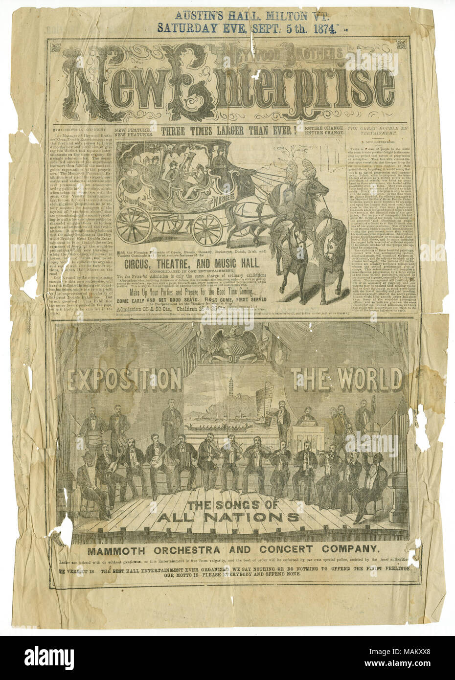 Cirque, théâtre, music hall et consolidées dans un divertissement, avec ajout de tableaux vivants et orchestre de mammouth et concert company. Titre : l'illustre la publicité de broadside Heywood Brothers New Enterprise, réservé au Austin's Hall, Milton, Vermont, le 5 septembre 1874 . 5 septembre 1874. Banque D'Images