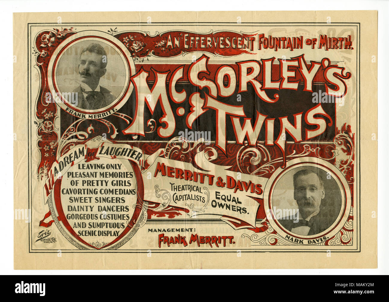 Titre : Publicité pour Hannibal, Missouri, show de Frank Merritt et Mark Davis, avec les jumeaux McSorley, Kate et Duplikate ; Ferguson et Frédéric Lerner, comédiens, et coll., le 26 septembre, aucune année . Entre 1890 et 1920. Banque D'Images