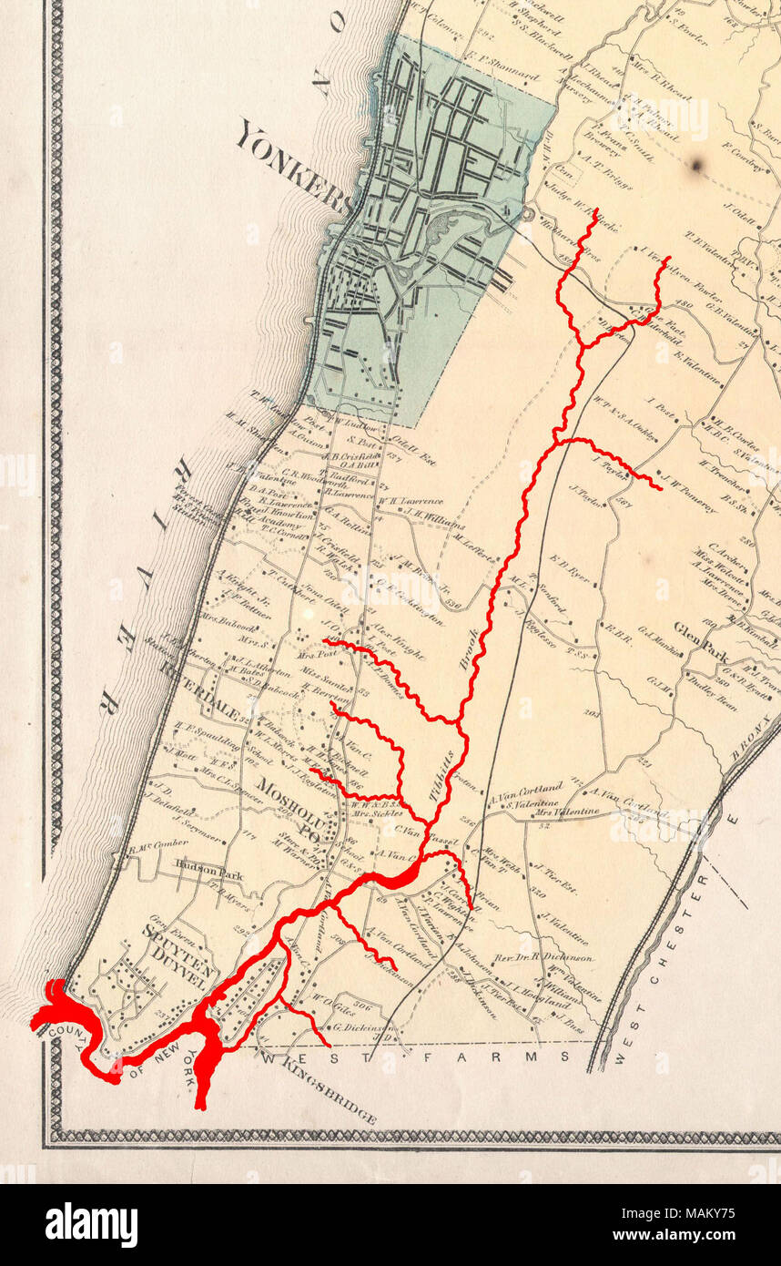 C'est le peu de Yonkers à partir de Beers ? 1867 Atlas du comté de Westchester, New York, montrant le Yonkers et Western Bronx. En rouge sont les cours et divers affluents du ruisseau Tibbetts et Spuyten Duyvil Creek qui une fois séparé le Bronx et l'île de Manhattan. . 1867. http://www.geographicus.com/mm5/cartographers/beers.txt Tdorante10 (carte) (en soulignant de rivière) Banque D'Images