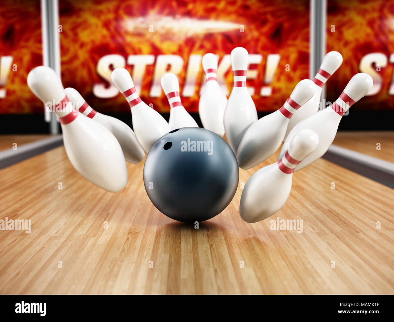 Bowling strike concept avec rolling ball et les axes. 3D illustration. Banque D'Images