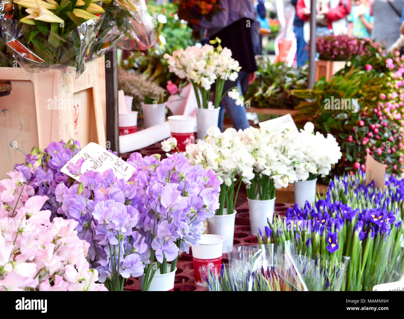 Marché aux fleurs ou bouquets de fleurs à un décrochage du marché de rue avec les affichages et focus sélectif. Banque D'Images