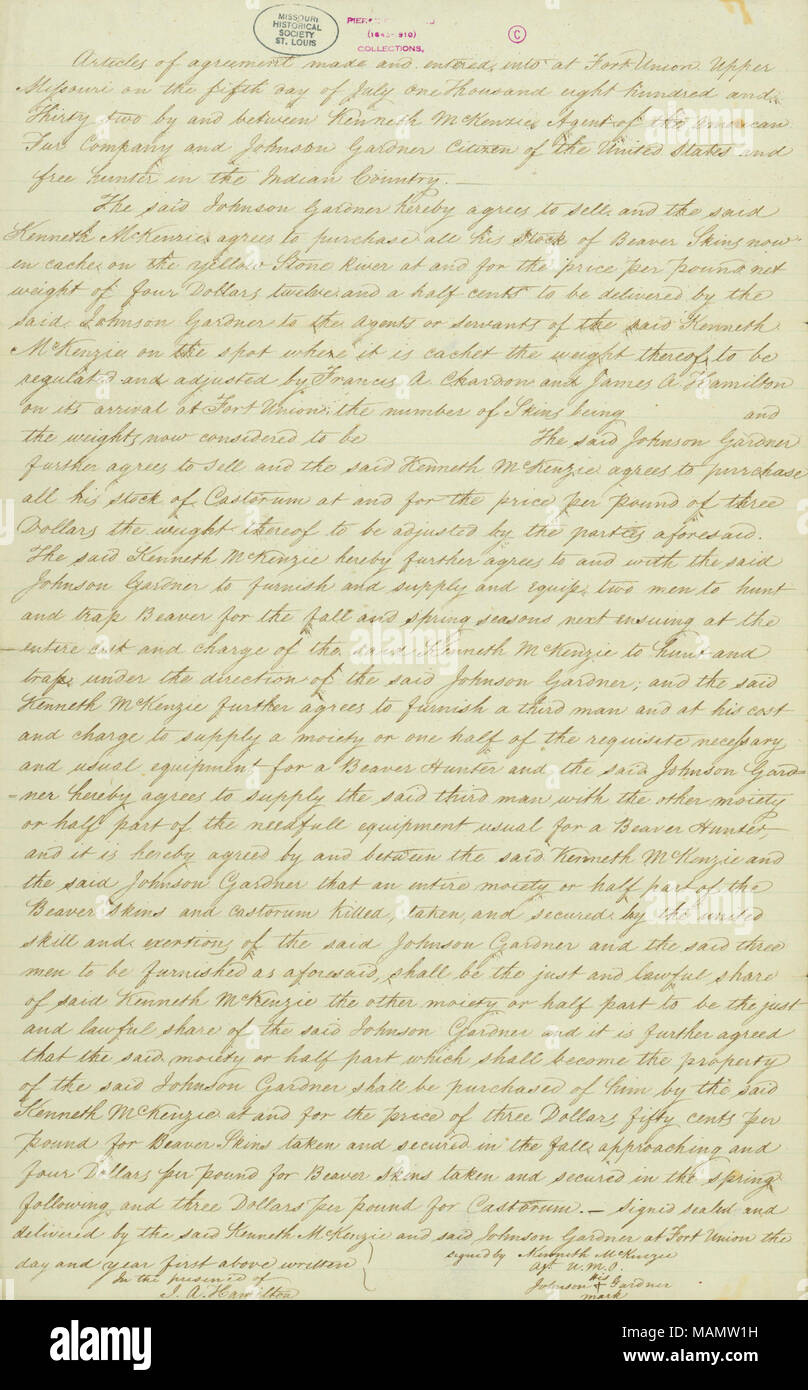 En ce qui concerne l'achat par McKenzie, de peaux de castor dans le cache sur le fleuve Jaune. Titre : accord entre Kenneth McKenzie et Johnson Gardner, Fort Union, le 5 juillet 1832 . 5 juillet 1832. Mackenzie, Kenneth, 1797-1861 Banque D'Images