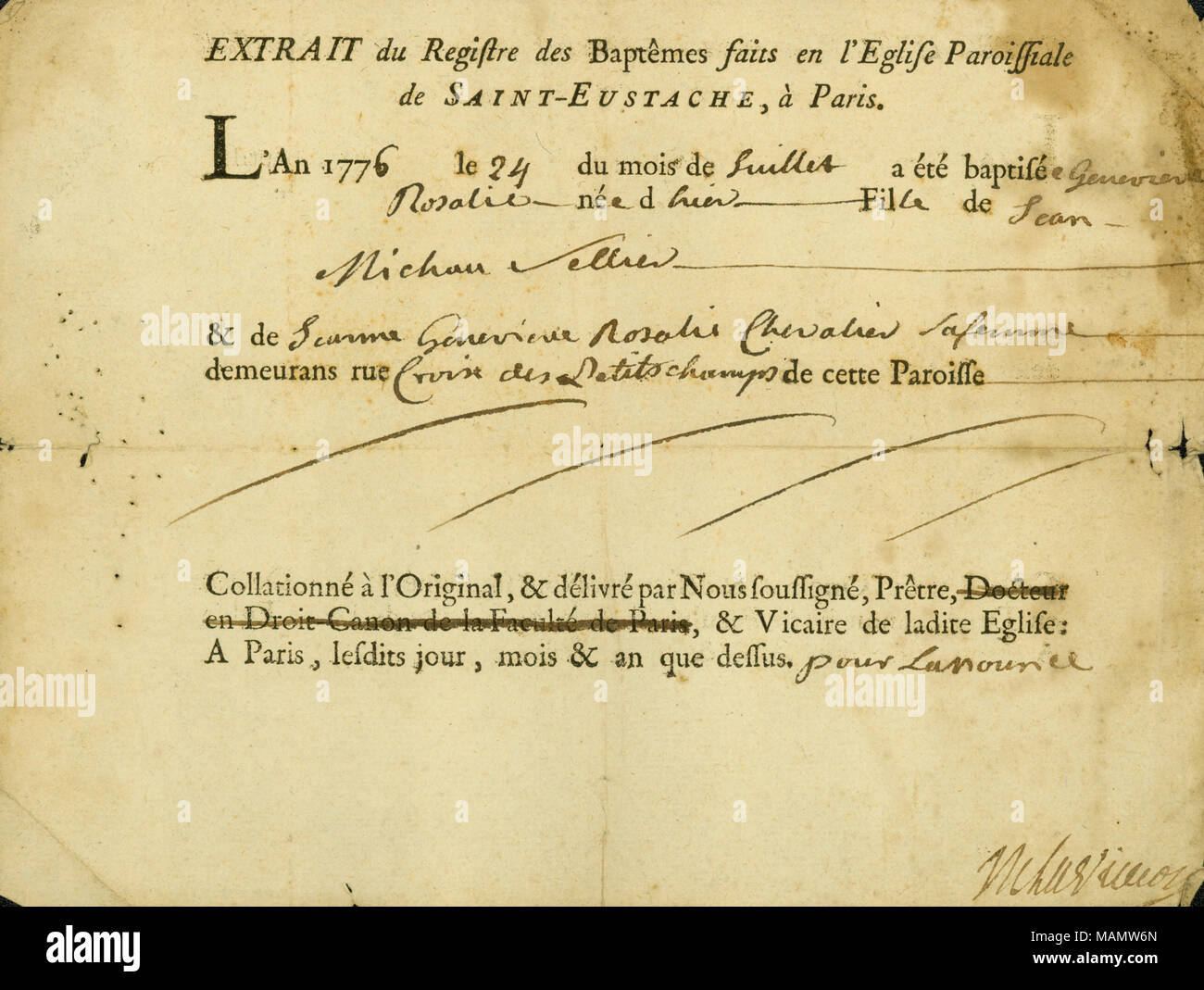 Titre : Baptême record pour enfant de Jean Michau et Jeanne Genevieve Rosalie Chevalier, Geneviève Rosalie, le 24 juillet 1776 . 24 juillet 1776. Banque D'Images