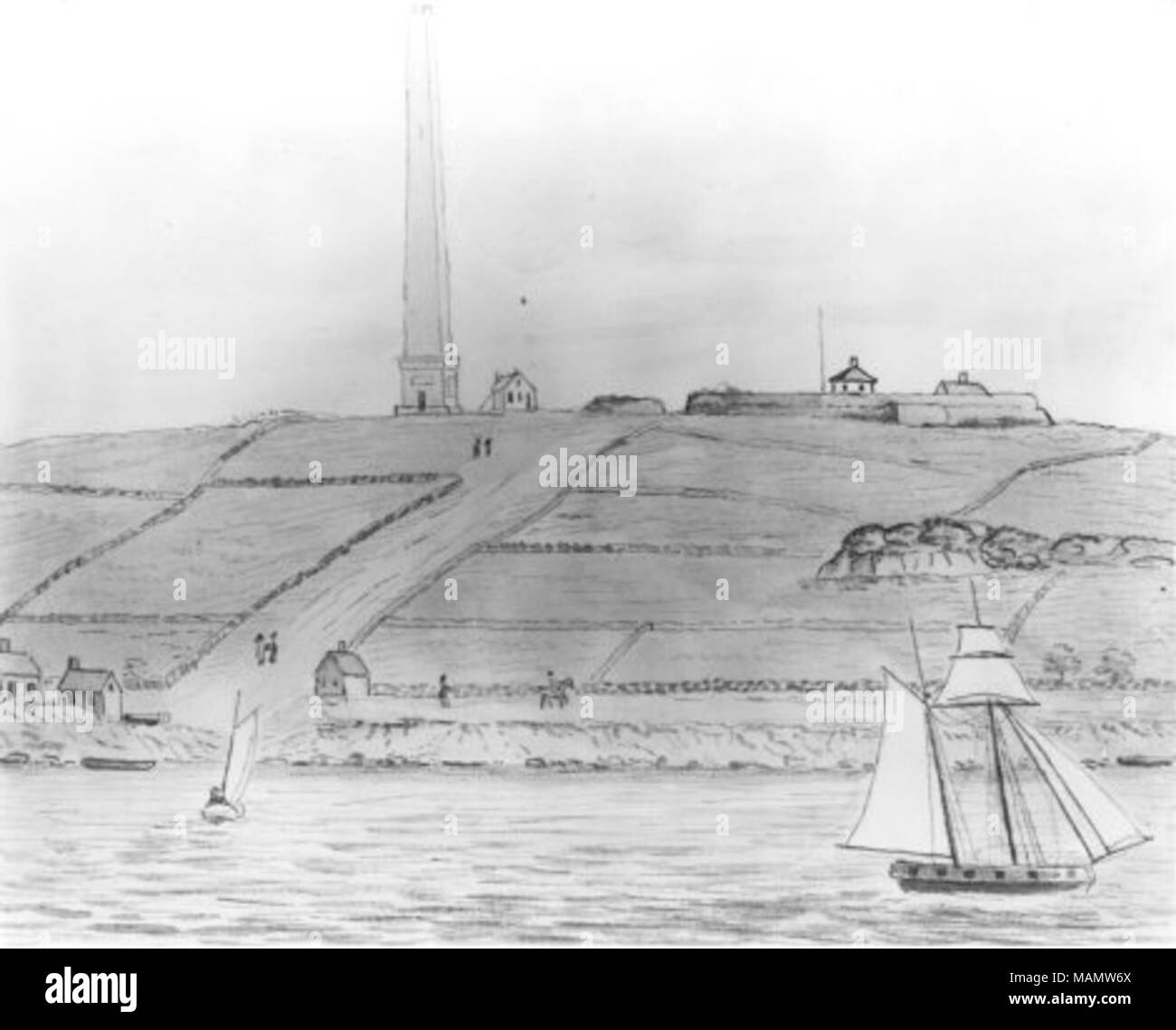 Groton Monument et de Fort Griswold Esquisse pour des collections historiques de New York (1836) Le monument, érigé en 1830, commémore les soldats américains massacrés par les es après la remise de Fort Griswold durant la Révolution américaine. New York Historical Society Réf. # 1953.5.116 N2067 . 1836. John Warner Barber (1798-1885) Banque D'Images