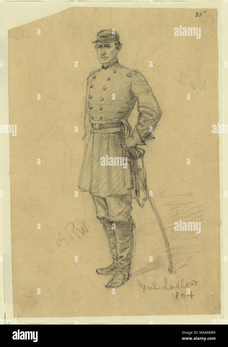 Benjamin Chambers Ludlow, Bvt. Le brig. Le général, l'USV. Ludlow est devenu un Général de brigade le 28 octobre 1864. 1 dessin sur du papier jaune : crayon ; 17,2 x 11,6 cm. (Feuille). . 1864. Alfred Waud - Banque D'Images