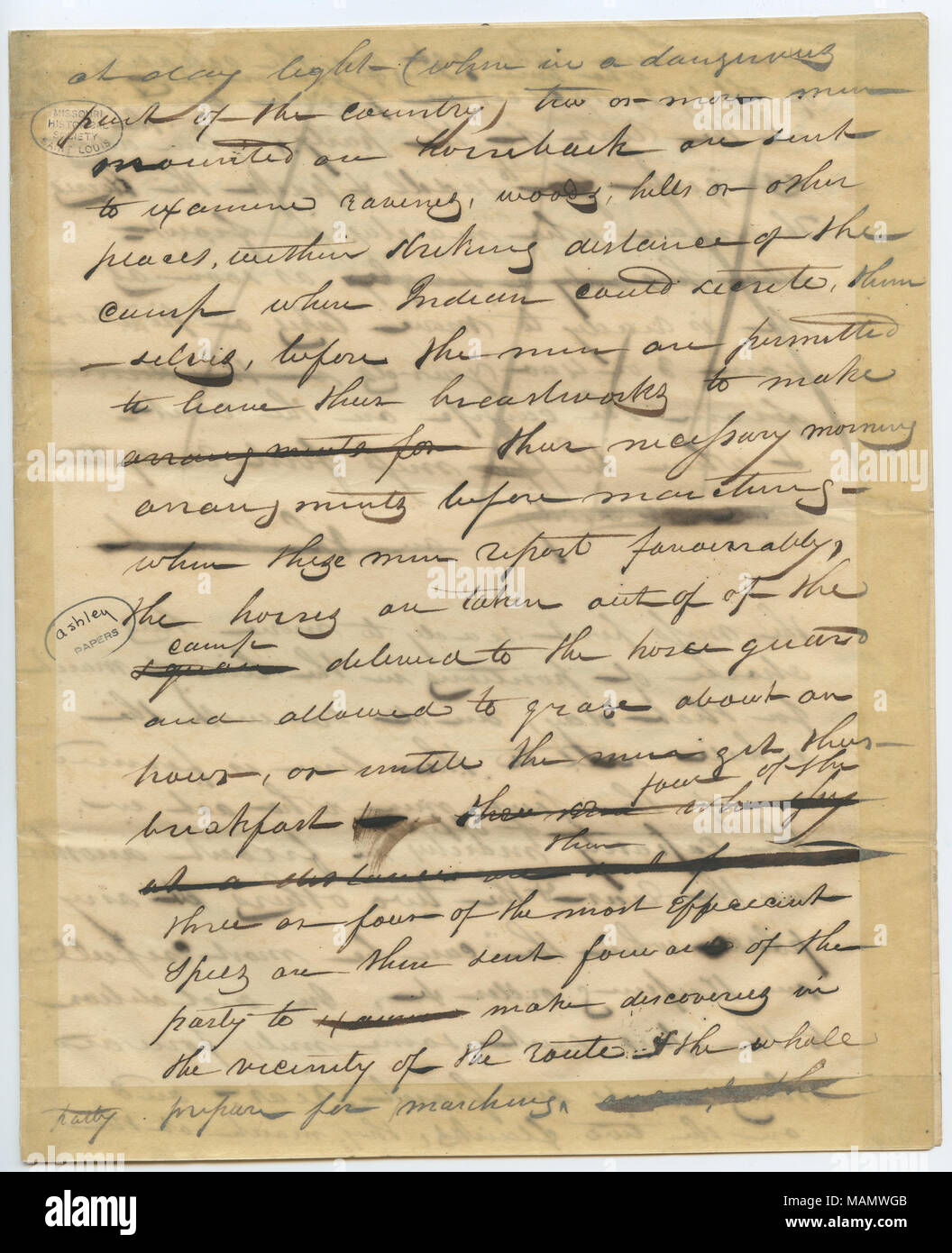 Commence : ?ǣat la lumière du jour (lorsque dans une partie dangereuse du pays). .  ? Montée des préoccupations pour les gardes des camps et la création d'épaulements pour la défense contre une attaque indienne. Titre : Projet de lettre (fragment) de William H. Ashley, 8 mars 1829 . 8 mars 1829. Ashley, William Henry, 1778-1838 Banque D'Images