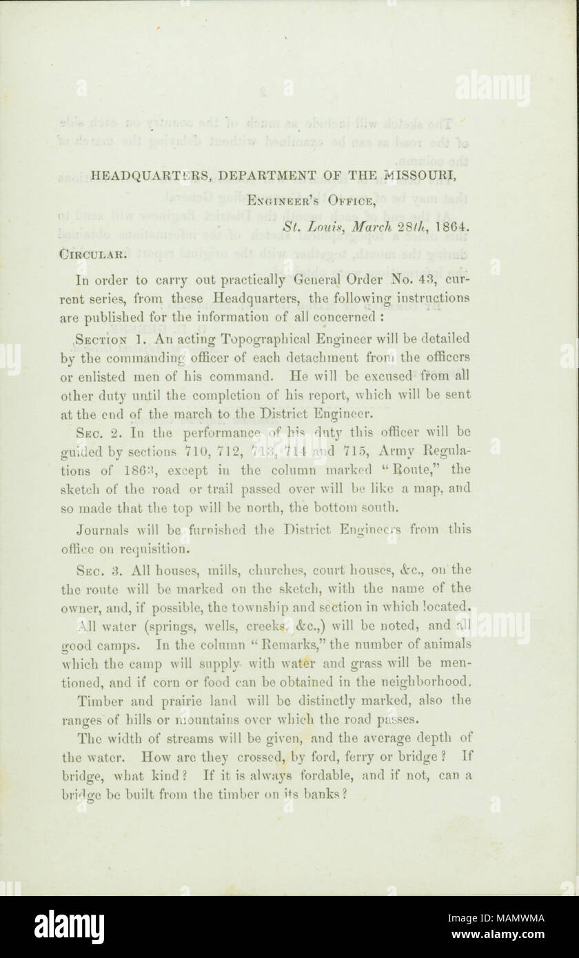 Publie des instructions pour aider avec l'exécution de l'Ordonnance générale no 43 de l'Administration centrale du ministère de l'Iowa. Titre : Circulaire d'O.D. Greene, sous-adjudant général, l'Administration centrale, Ministère de l'Iowa, Bureau d'ingénieurs, Saint Louis, Mo., 28 mars 1864 . 28 mars 1864. Greene, O. D. Banque D'Images