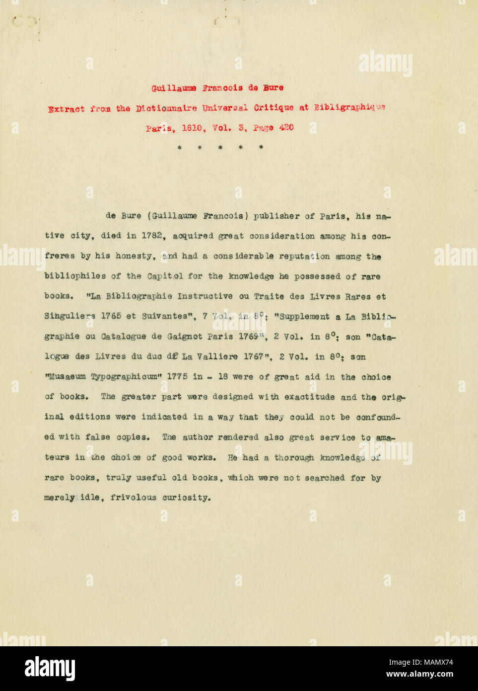 Un éditeur de Paris, a eu connaissance de livres rares. Titre : Extrait de l'encyclopédie à propos de François Guillaume de Bure, 1810 . 1810. Banque D'Images