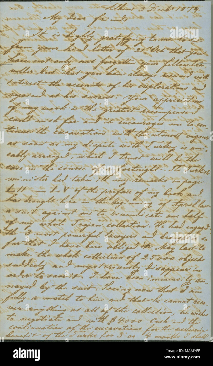 Discute avec les poursuites difficiles les gouvernements turcs et grecs, sa nouvelle femme et sa fille, et son fils décédé. Titre : Lettre de Heinrich Schliemann, Athènes, à Charles Parsons, le 3 décembre 1874 . 3 décembre 1874. Heinrich Schliemann, Banque D'Images