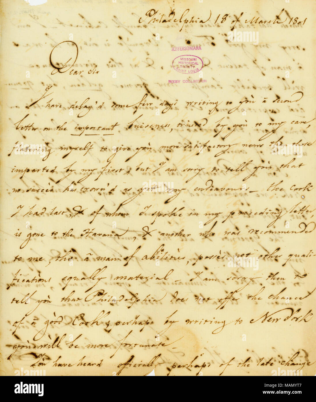 Membres que Jefferson ?s Cook est allé à La Havane, et vous demande si Jefferson a entendu officiellement de la modification de l'armoire de l'espagnol. Titre : Lettre de : Le Chevalier d'Yrujo, Philadelphie, à Thomas Jefferson, le 18 mars 1801 . 18 mars 1801. Banque D'Images