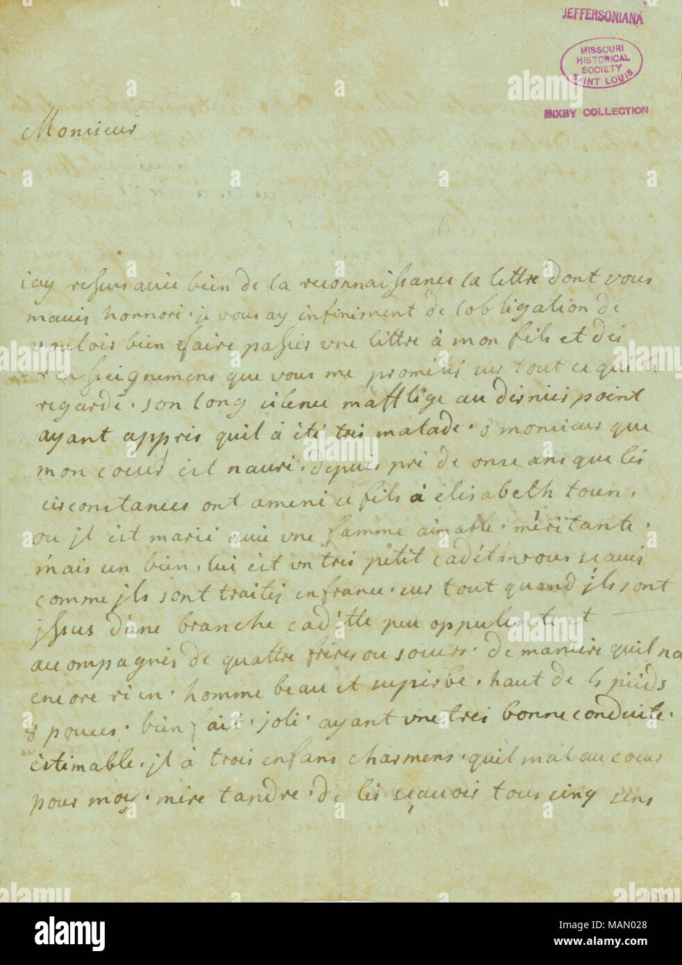 Le remercie de sa lettre et de sa volonté de transmettre une lettre à son ex-fils. Titre : Lettre de la Comtesse de Chaunai D'Anterroches à Thomas Jefferson, le 12 mars 1786 . 12 mars 1786. La Comtesse de Chaunai D Banque D'Images