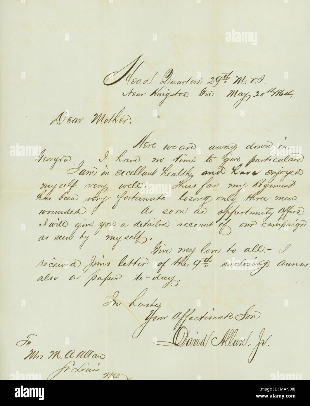 Mentionne son régiment's fortune en seulement avoir trois hommes blessés. Titre : lettre signée David Allan, Jr., Head Quarters 29e M.V.I., près de Kingston, en Géorgie, à sa mère Mme M.A. Allan, Saint Louis, Missouri, le 20 mai 1864 . 20 mai 1864. Allan, David, 1842-1917 Banque D'Images