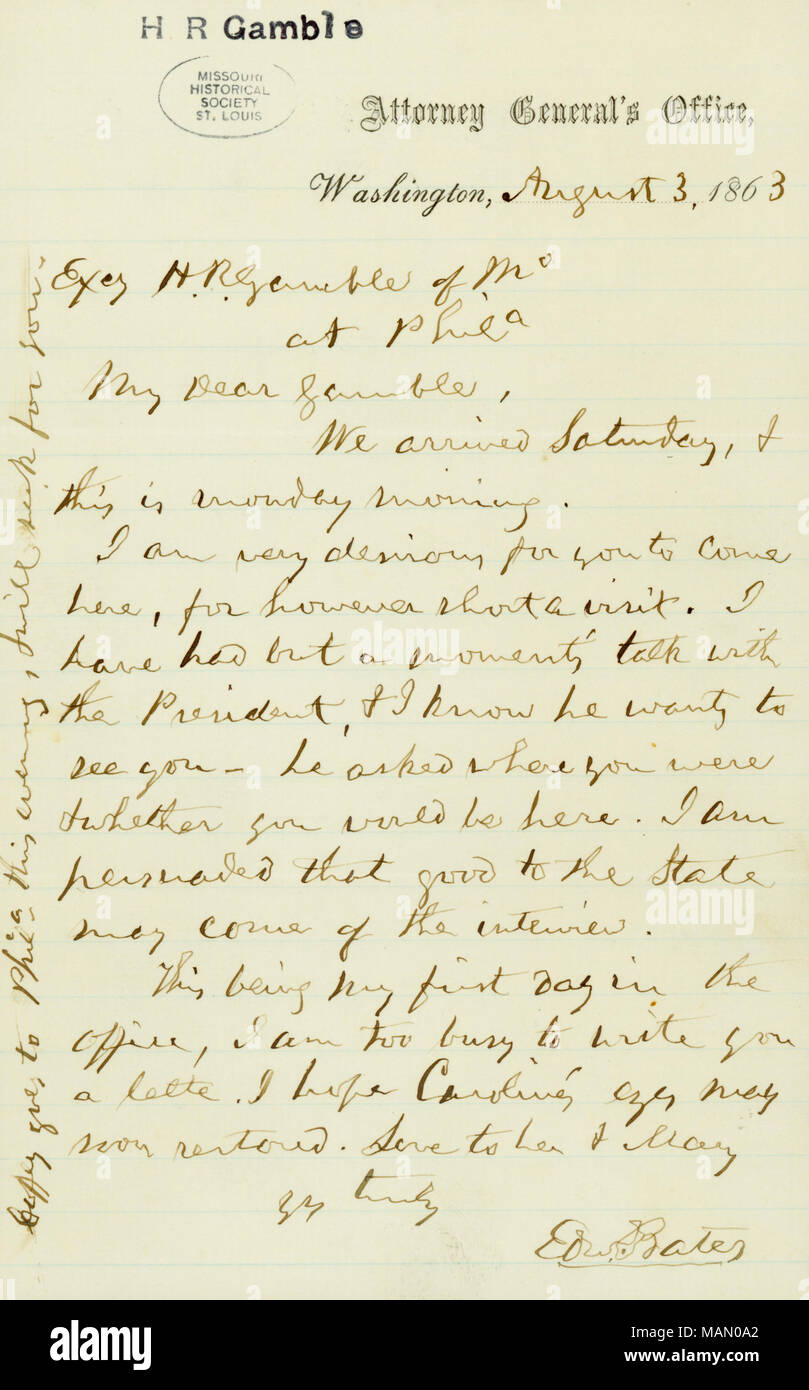 Demande que Gamble viennent à Washington et à rencontrer le président. L'enveloppe comprend. Titre : lettre signé Edw. [Edward Bates Bates], Bureau du Procureur général, Washington, pour H.R. Gamble du Missouri, à Phila., le 3 août 1863 . 3 août 1863. Bates, Edward, 1793-1869 Banque D'Images