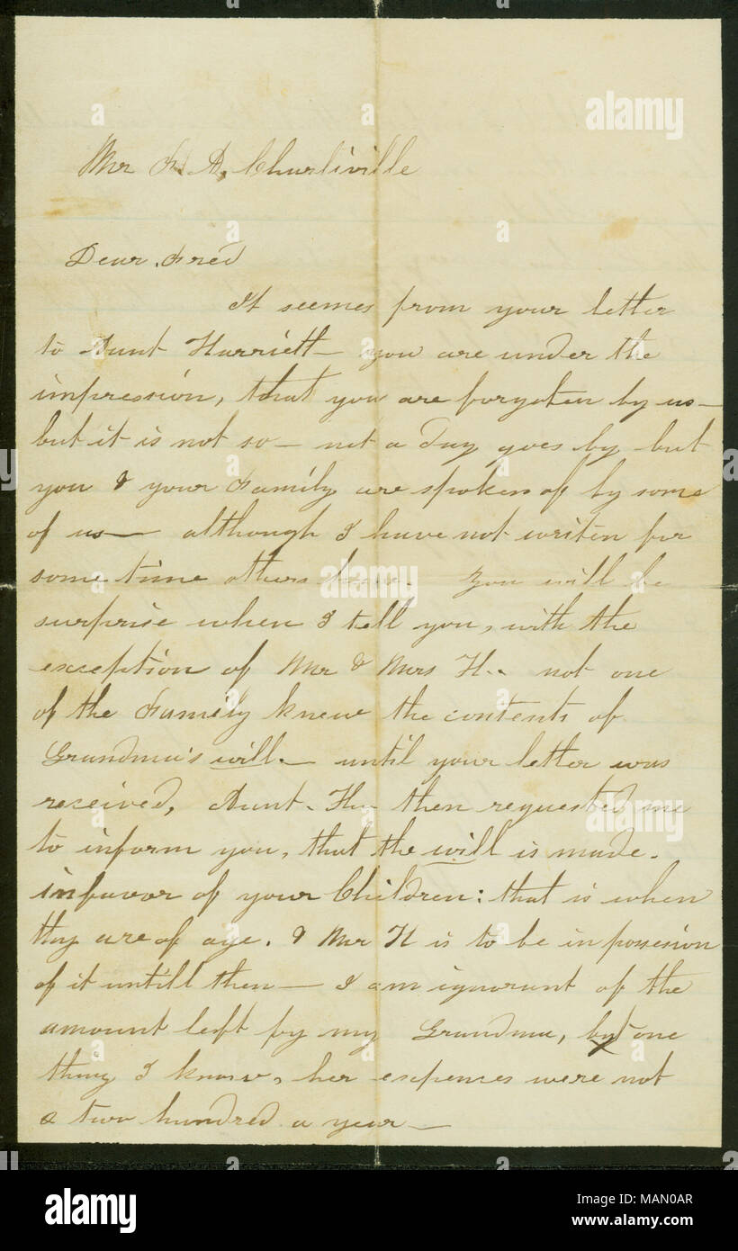 Mentionne le mariage secret de sa sœur d'un soldat rebelle nommé John Tatum, et son harcèlement sexuel de la part d'une compagnie de "Dutch devils,' qui a exigé qu'elle hisser un drapeau pour célébrer la prise de Vicksburg. Titre : lettre signée Eliza Faris, accueil, à M. Fred A. Charleville, 10 mars [1864] . 10 mars 1864. O'Flaherty, Eliza Faris Banque D'Images