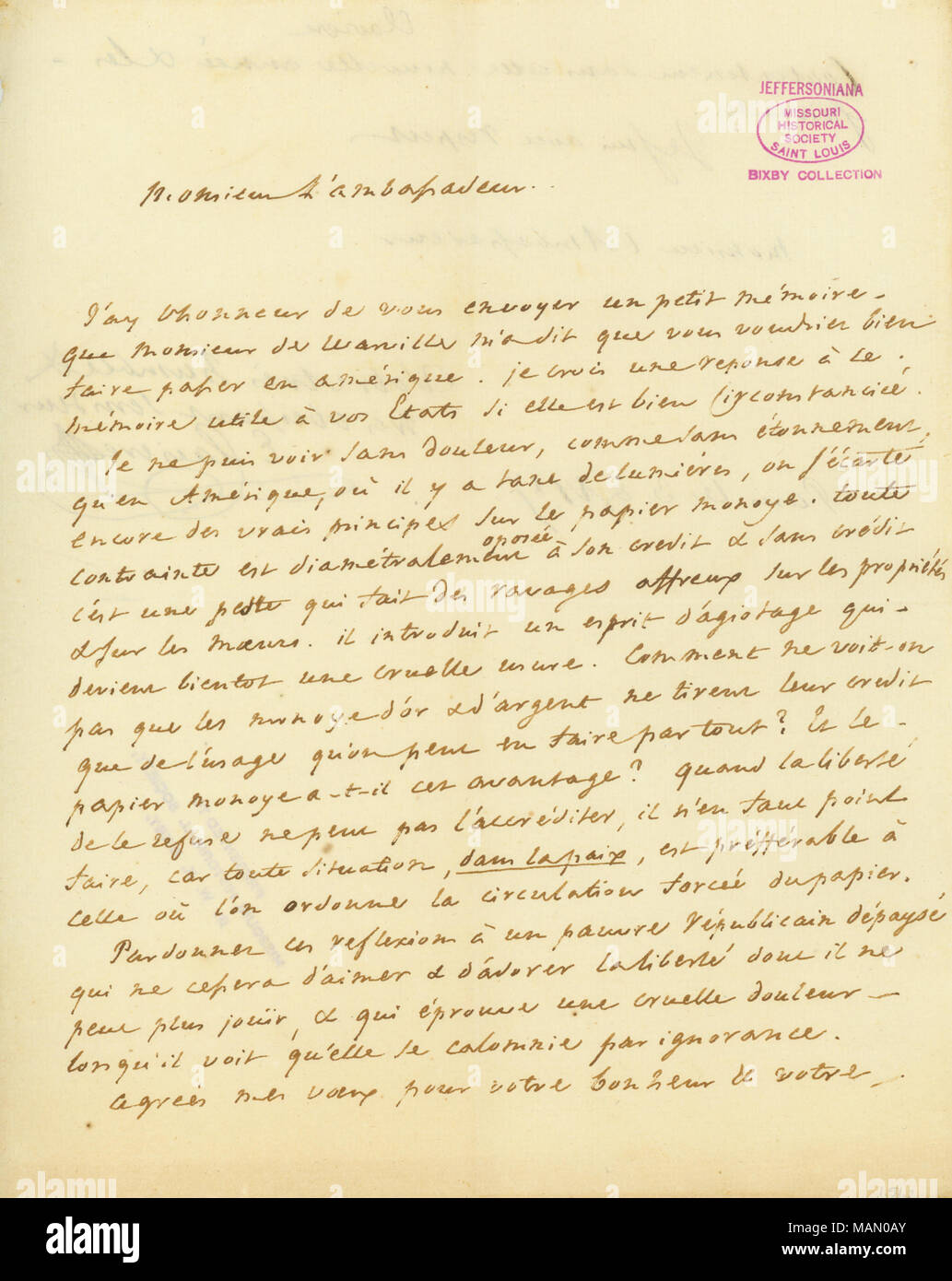 Écrit sur la circulation de papier-monnaie en Amérique. Titre : lettre signée Etienne Clavière, Paris, à Thomas Jefferson, le 3 janvier 1787 . 3 janvier 1787. Montgenèvre, Etienne Banque D'Images
