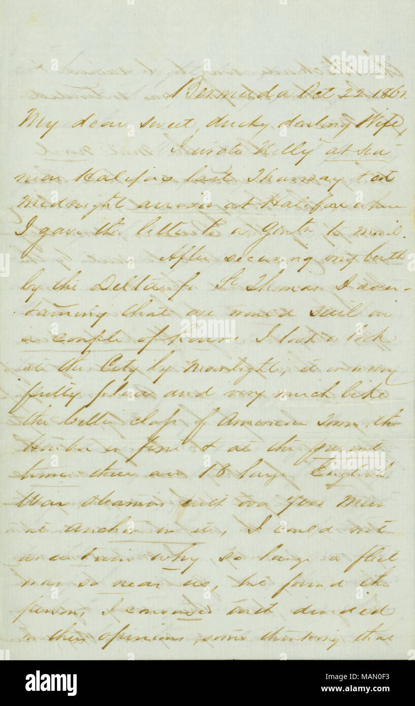 Décrit Halifax, Imprimeur de la Garde côtière canadienne et leur drôle de robe ; et stipule que l'anglais ne peuvent cacher leur joie à l'état malheureux de la United States. Titre : lettre signée Henry T. Blow, Bermudes, à Minerva Minerva [coup], le 22 octobre 1861 . 22 octobre 1861. Blow, Henry T. (Henry Taylor), 1817-1875 Banque D'Images