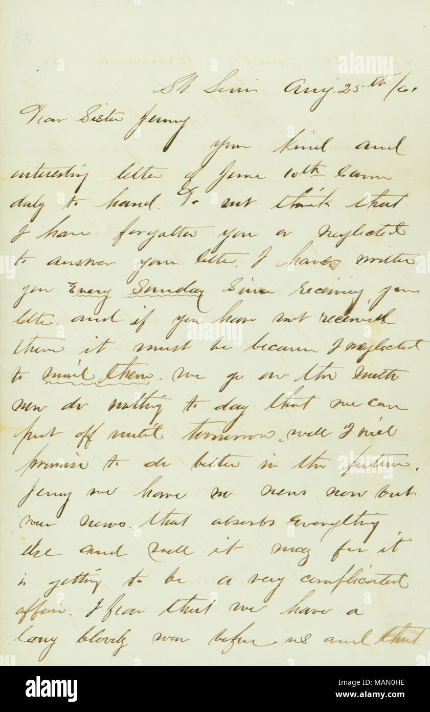 Exprime ses inquiétudes que la guerre sera longue et sanglante, et aboutira à la création de la Confédération du Sud. Commentaires sur la bataille de Manassas (Bull Run] et Wilson's Creek, y compris les pertes et la mort du général Lyon. Titre : lettre signée J.M. Bemis, Saint Louis, à sa sœur Jenny, le 25 août 1861 . 25 août 1861. Bemis, Judson Moss, 1833-1921 Banque D'Images