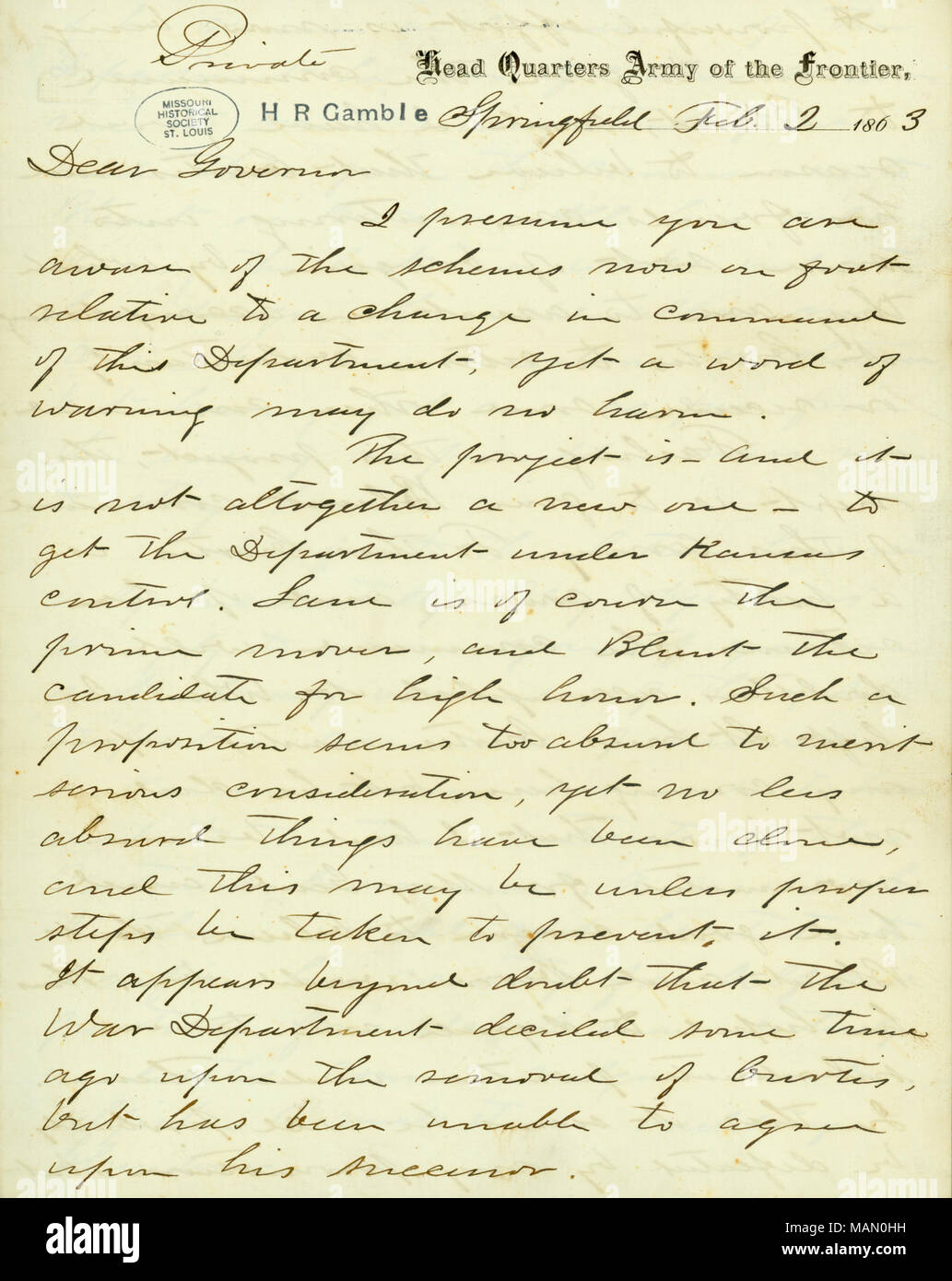 Concernant un plan pour placer le ministère de l'Arizona sous le commandement du Major-général Kansas James Blunt. Titre : lettre signée J.M. Schofield, chef de l'Armée de la frontière trimestres, Springfield, au gouverneur [Hamilton R. Gamble], 2 février 1863 . 2 février 1863. Schofield, John McAllister, 1831-1906 Banque D'Images